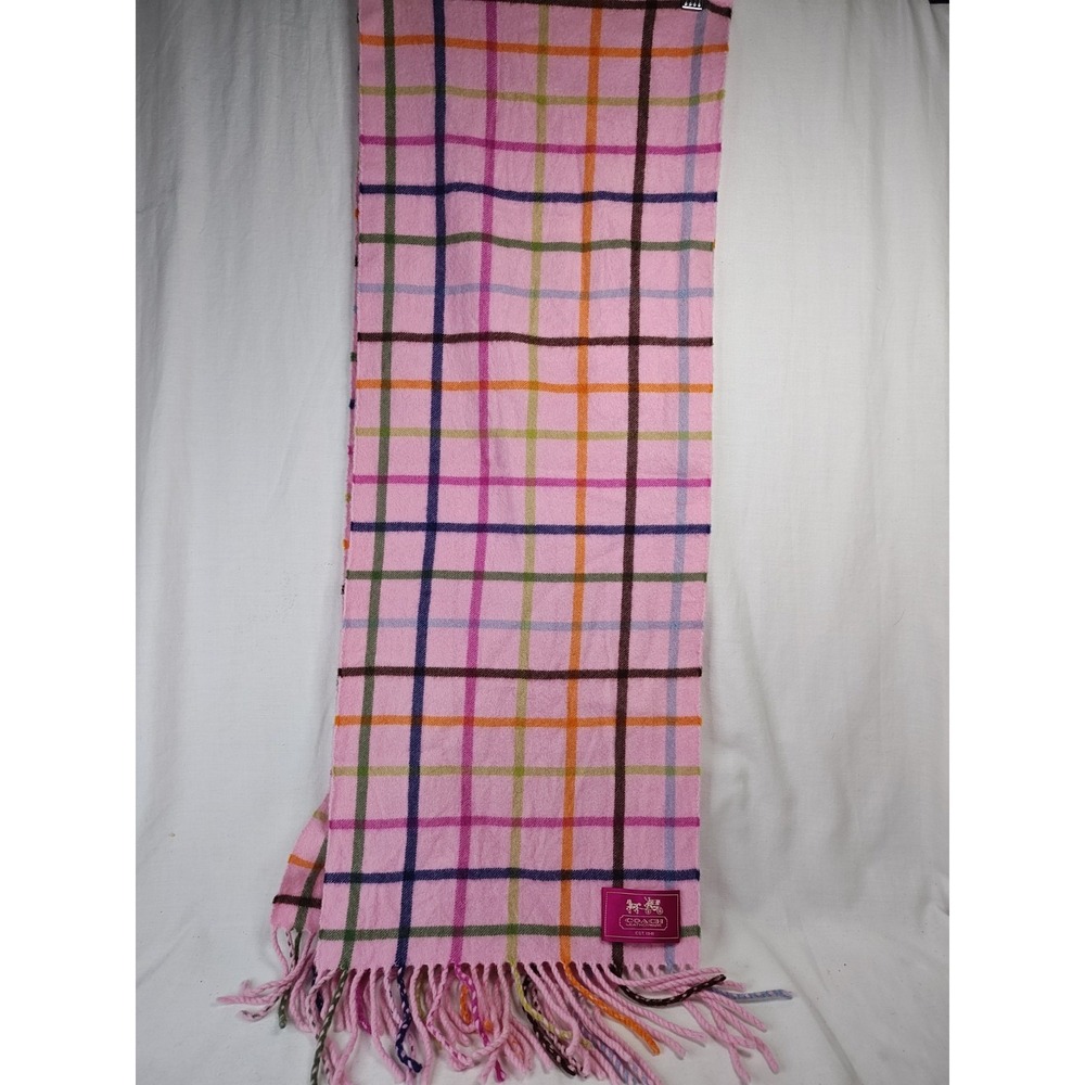 Coach 100% Cashmere Pink Plaid Multicolor Striped Fringe Scarf Muffler Wrap